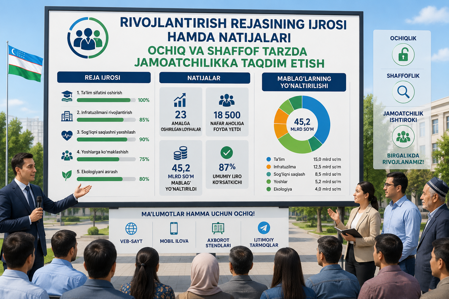 Rivojlantirish rejasining ijrosi hamda natijalari ochiq va shaffof tarzda jamoatchilikka taqdim etish